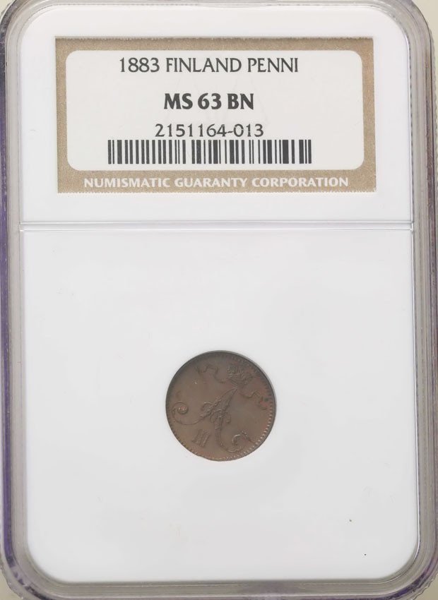 Rosja/Finlandia. Aleksander III. 1 Penni 1883 NGC MS63 BN